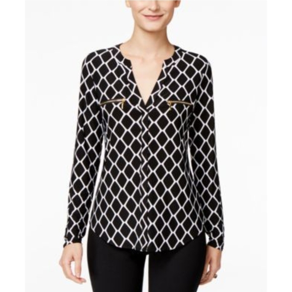 INC International Concepts Tops - I*N*C INTERNATIONAL CONCEPTS WOMENS BLACK WITH WHITE GEOMETRIC PATTERN TOP